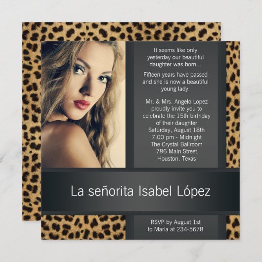 Gepersonaliseerde Leopard foto Quinceanera Kaart (Voorkant / Achterkant)