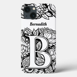 Gepersonaliseerde letter B Zwart Wit Tattoo Bloeme iPhone 13 Hoesje