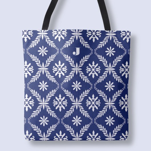 Gepersonaliseerde letter Elegant Blue Pattern Init Draagtas