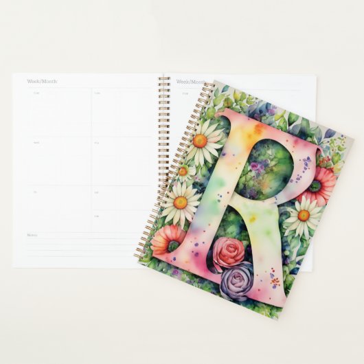 Gepersonaliseerde letter R Floral Waterverf Notiti Planner (Display)
