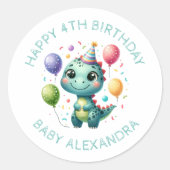 Gepersonaliseerde Leuke Verjaardag Dinosaurus Ronde Sticker (Voorkant)