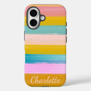Gepersonaliseerde levendige pastel gestreepte pens iPhone 16 hoesje