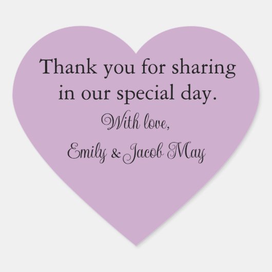 Gepersonaliseerde Lila bruiloft Hart Sticker (Voorkant)