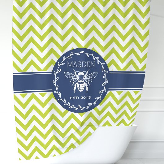 Gepersonaliseerde Lime Green Navy Honey Bee Chevro Douchegordijn
