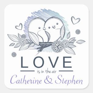 Gepersonaliseerde Lovevogels Paarse Love Wedding Vierkante Sticker