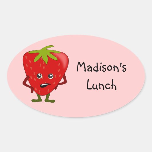 Gepersonaliseerde Lunch Labels: Aardbei Ovale Sticker (Voorkant)