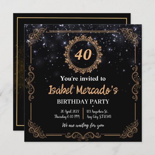 Gepersonaliseerde Luxe Zwart Goud Verjaardag Uitno Kaart (Voorkant / Achterkant)