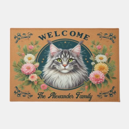 Gepersonaliseerde Maine Coon Cat Stijlvolle Bloeme Deurmat (Voorkant)