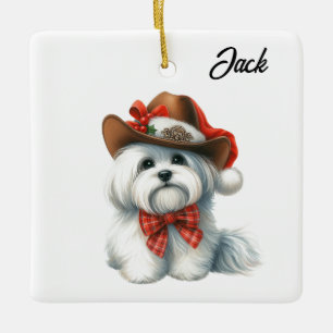 Gepersonaliseerde Maltese Cowboy Santa Hat Kerstmi Keramisch Ornament