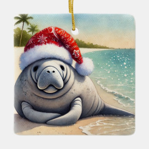 Gepersonaliseerde Manatee met Kerstmis Keramisch Ornament