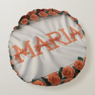 Gepersonaliseerde Maria met Oranje Roos Rond Kussen