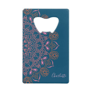 Gepersonaliseerde Marine Blauw Roze Bloemen Mandal Kredietkaart Flessenopener