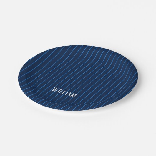 Gepersonaliseerde marineblauwe instripes papieren bordje (Gekanteld)
