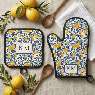 Gepersonaliseerde mediterrane citroen ovenwant & pannenlap set