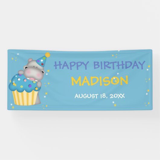 Gepersonaliseerde meisjes Hippo Birthday Banner (Horizontaal)