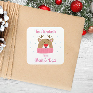 Gepersonaliseerde Meisjes Rendier Kerstcadeau Vierkante Sticker