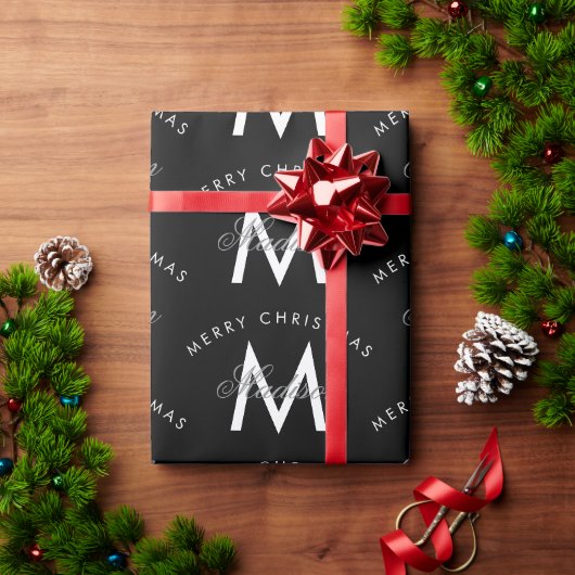 Gepersonaliseerde Merry Christmas Black Monogram Cadeaupapier (Feestdagen Geschenken)