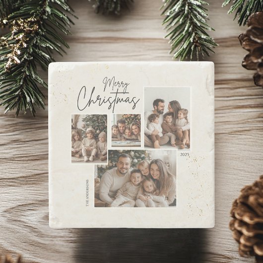 Gepersonaliseerde Merry Christmas Four-Photo Colla Stenen Onderzetter