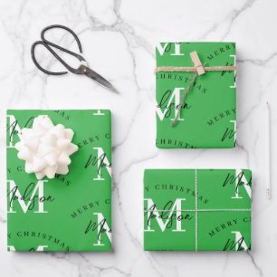 Gepersonaliseerde Merry Christmas Green Monogram Inpakpapier Vel