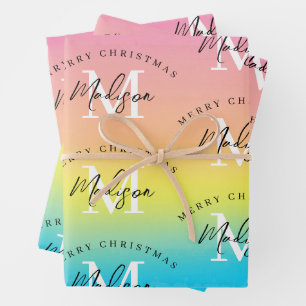 Gepersonaliseerde Merry Christmas Rainbow Monogram Inpakpapier Vel