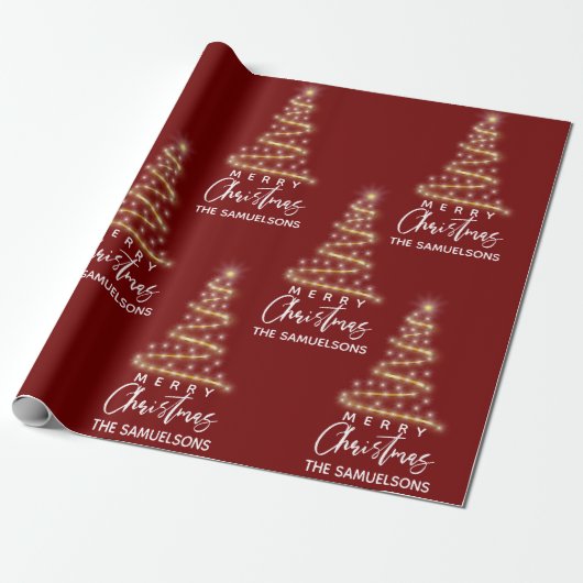 Gepersonaliseerde Merry Gold Tree Red Cadeaupapier (Uitgerold)