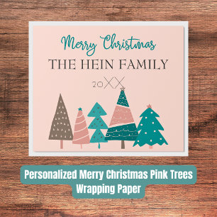Gepersonaliseerde Merry-kerstroze bomen Cadeaupapier