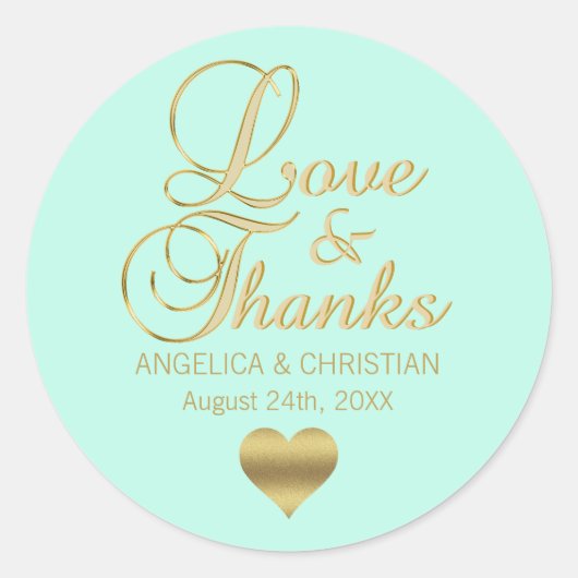 Gepersonaliseerde MINT Gold LOVE en BEDANKT bruilo Ronde Sticker (Voorkant)