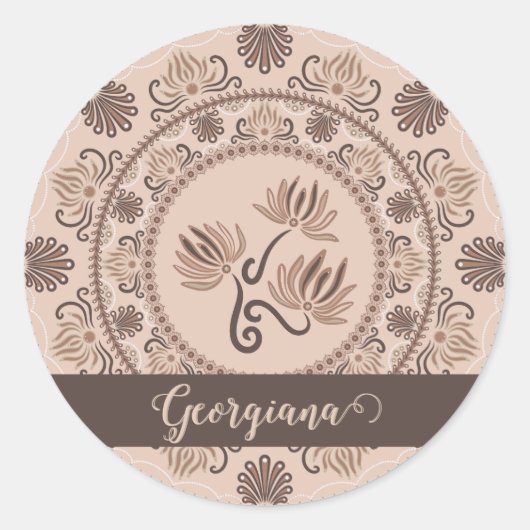Gepersonaliseerde Mocha Rococo Revival Dot Mandala Ronde Sticker (Voorkant)