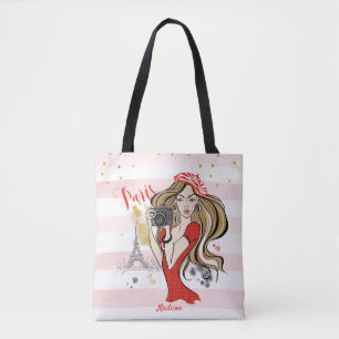 Gepersonaliseerde Mode Girl Paris Pink Sketch Draagtas