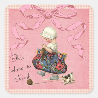 Gepersonaliseerde  Mode Girl Pink Ribbon Vierkante Sticker