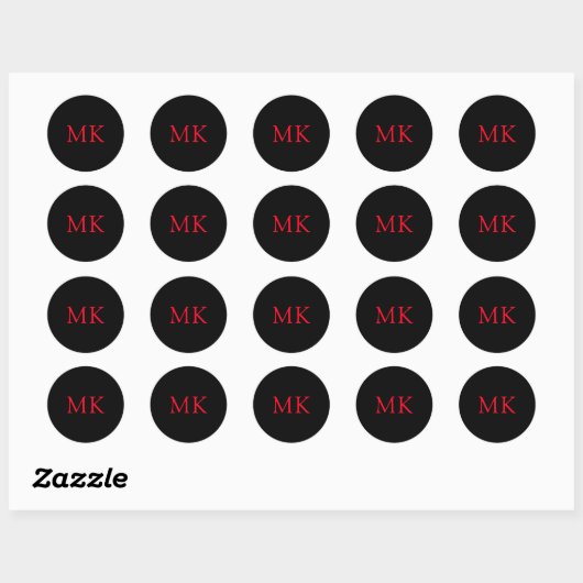 Gepersonaliseerde Modern Zwart Rood Monogram Initi Ronde Sticker (Vel)