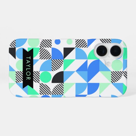 Gepersonaliseerde moderne blauwe munt geometrisch iPhone 16 hoesje (Achterkant horizontaal)