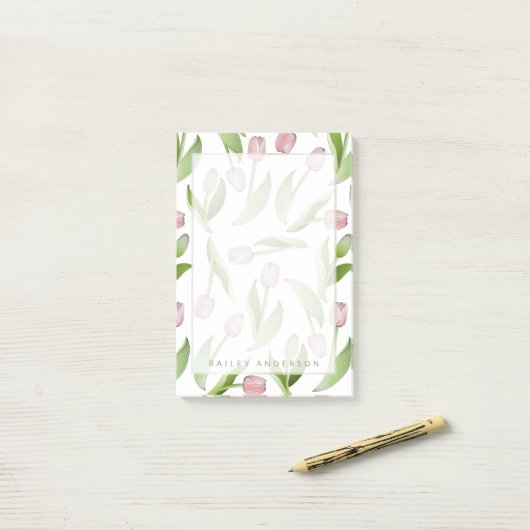 Gepersonaliseerde moderne botanische roze tulpenbl post-it® notes (Op bureau)