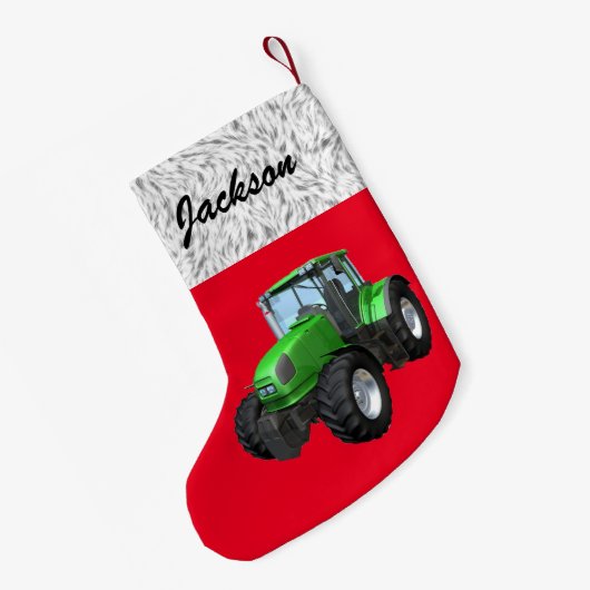 Gepersonaliseerde Moderne Groene Tractor op Rood Kleine Kerstsok (Achterkant (Hangend))