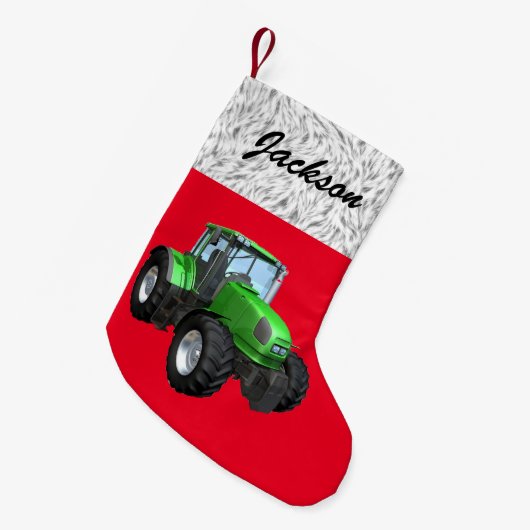 Gepersonaliseerde Moderne Groene Tractor op Rood Kleine Kerstsok (Voorkant (Hangend))