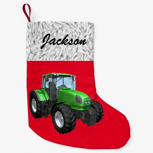 Gepersonaliseerde Moderne Groene Tractor op Rood Kleine Kerstsok (Voorkant)