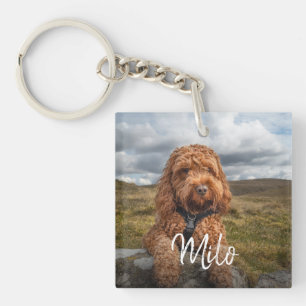 Gepersonaliseerde moderne hond foto naam sleutelhanger