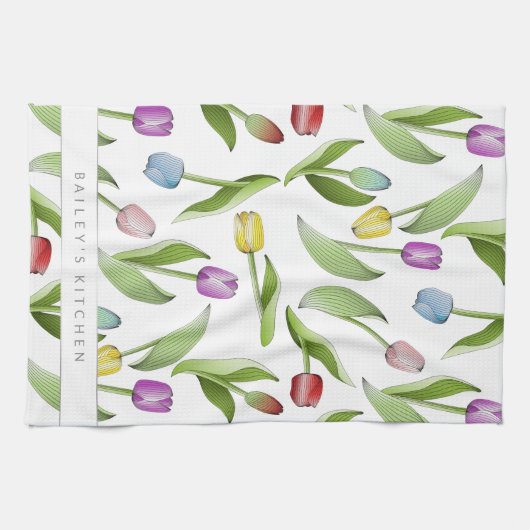 Gepersonaliseerde moderne kleurrijke tulp theedoek (Horizontaal)