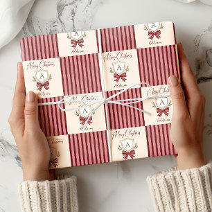 Gepersonaliseerde Monogram Crest Bow Kerstmis Cadeaupapier