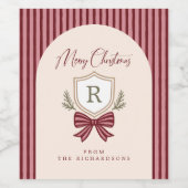 Gepersonaliseerde Monogram Crest Bow Vrolijk Kerst Wijn Etiket (Enkel label)