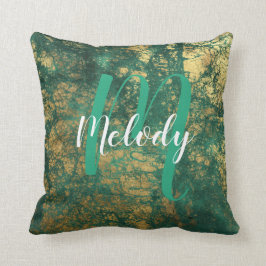 Gepersonaliseerde Monogram en Naam Groen en Goud Kussen