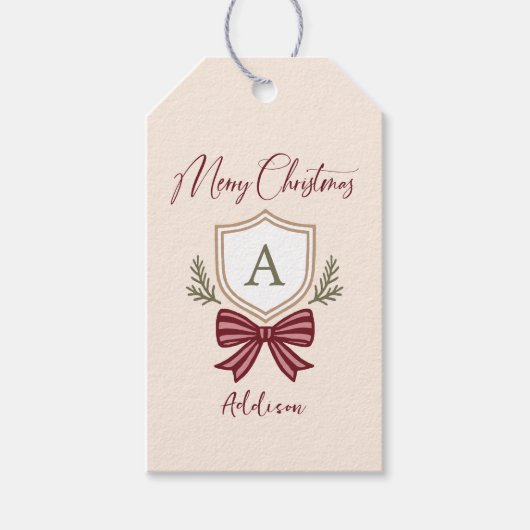 Gepersonaliseerde Monogram Gestreepte Boog Vrolijk Cadeaulabel (Voorkant)