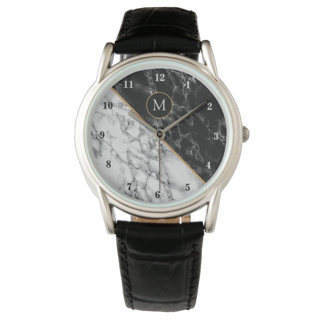 Gepersonaliseerde Monogram Let Black White Marble Horloge (Voorkant)
