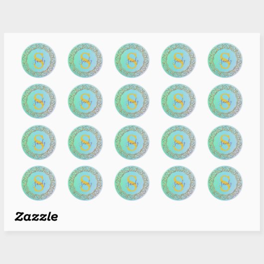 Gepersonaliseerde Monogram Mandala Goud en turquoi Ronde Sticker (Vel)