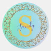 Gepersonaliseerde Monogram Mandala Goud en turquoi Ronde Sticker (Voorkant)