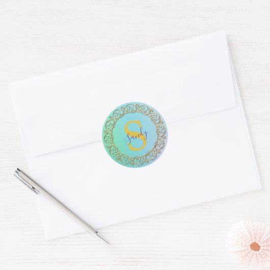 Gepersonaliseerde Monogram Mandala Goud en turquoi Ronde Sticker (Envelop)
