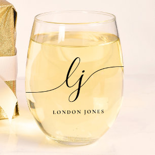 Gepersonaliseerde Monogram Modern Script Initialen Wijnglas Zonder Voet