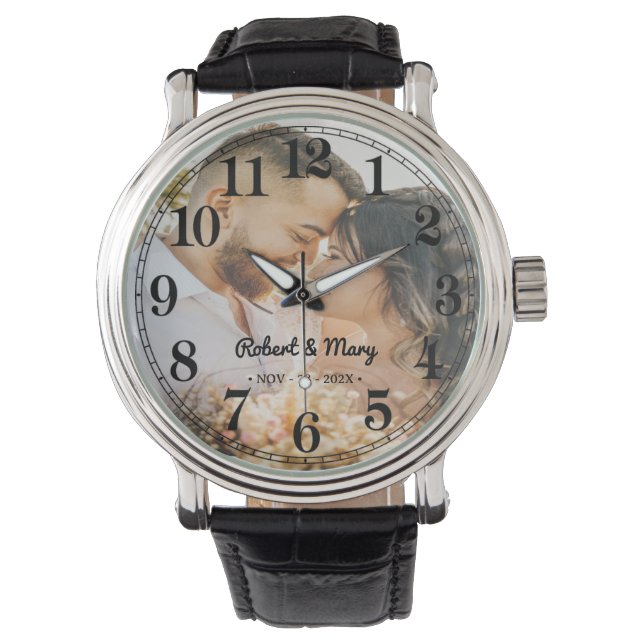 Gepersonaliseerde Monogram Naam Aangepaste Foto Horloge (Voorkant)