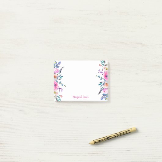Gepersonaliseerde Monogram naam Roze blauw bloemig Post-it® Notes (Op bureau)