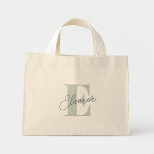 Gepersonaliseerde Monogram Naam Sage Green Script Mini Tote Bag